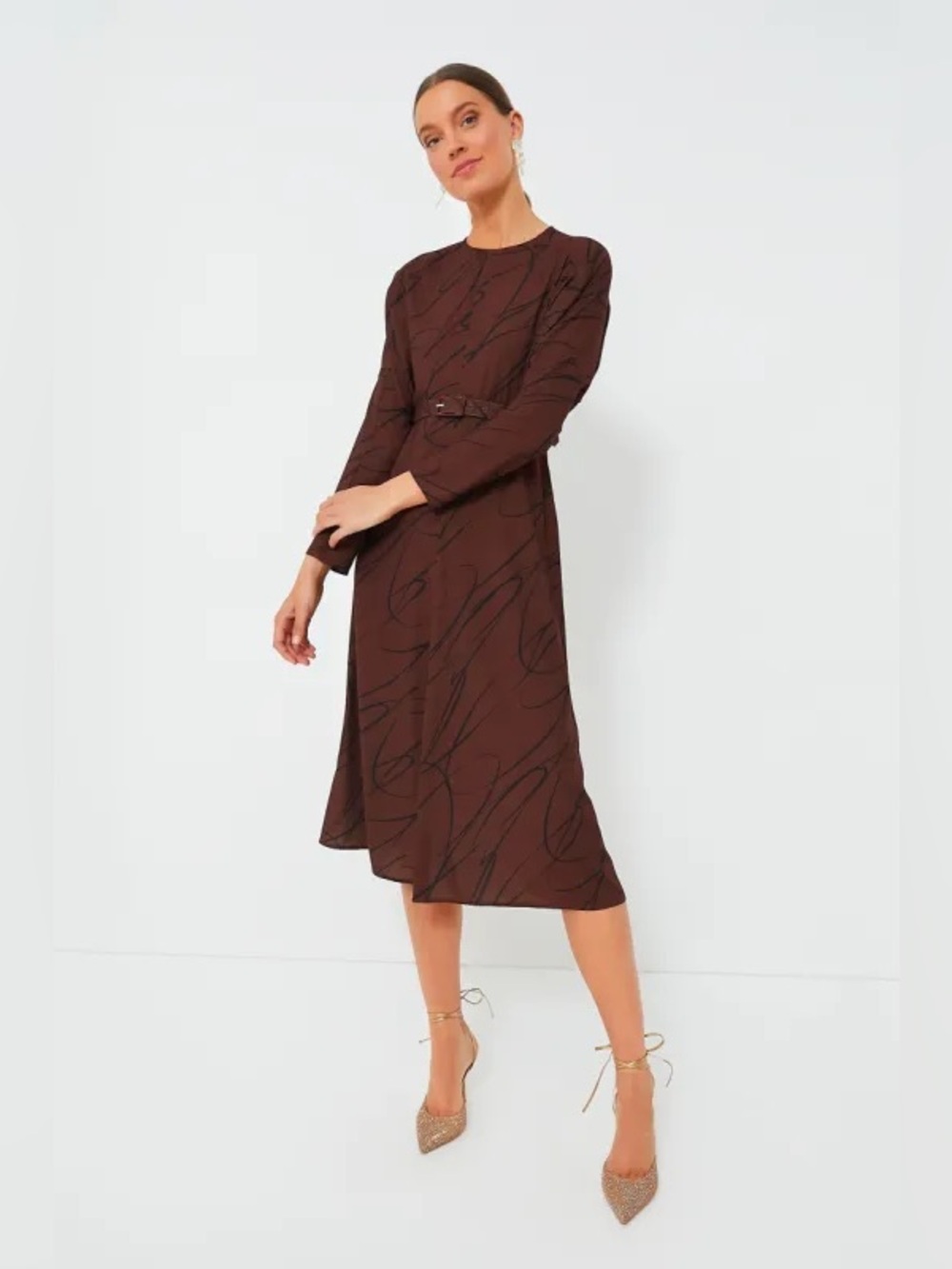 Tuckernuck Chocolate Twombly Bex Brown Midi Dress with Black Abstract Print NEW